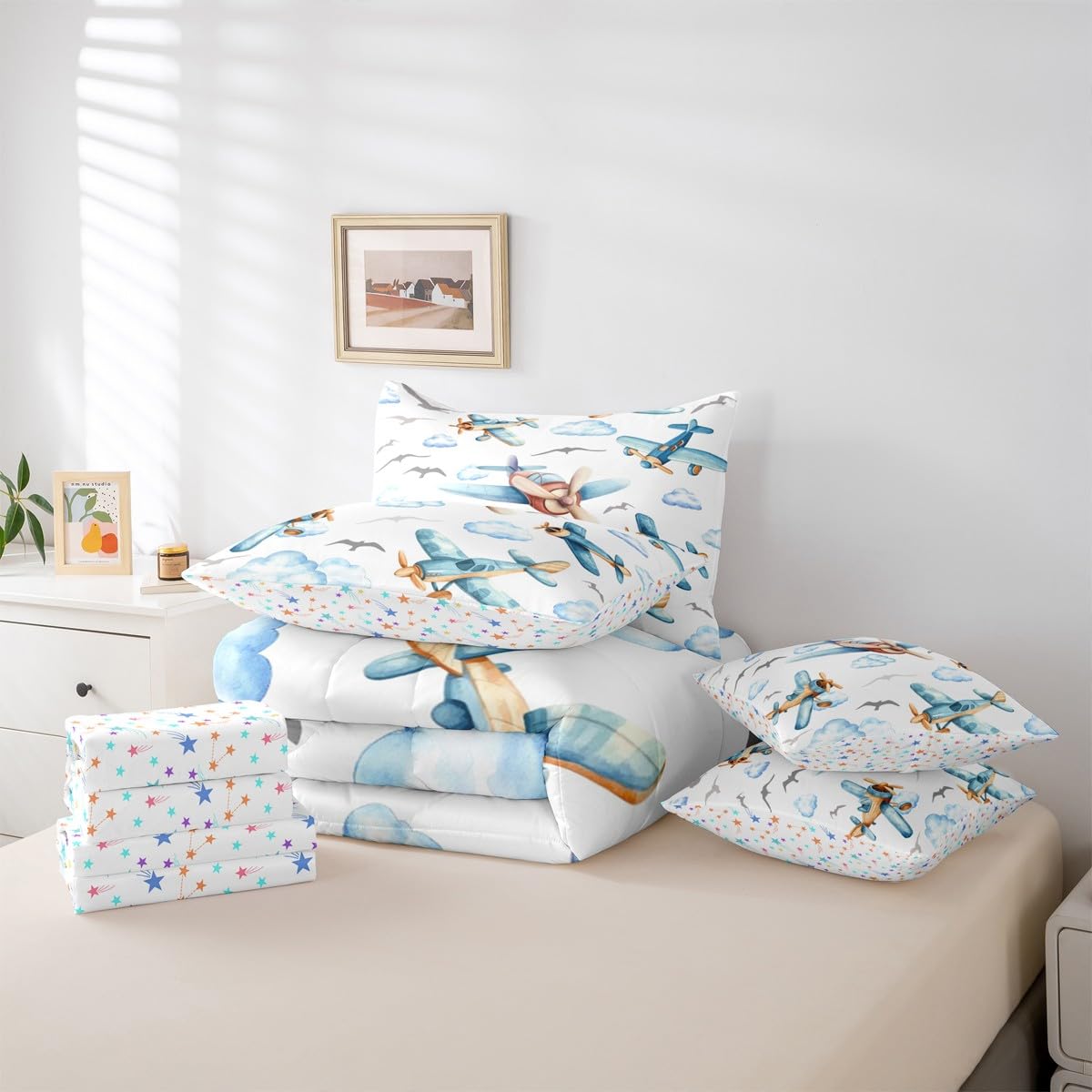 Erosebridal Boys Cartoon Propeller Plane Twin 7 Pcs Bedding Set, Aircraft Airplane Comforter Set with Sheets, Blue Clouds Bed in A Bag for Kids Girls Adults Bedroom, Flying Birds Animals Bed Sets