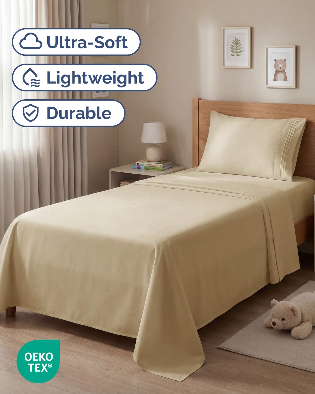 Twin Size 3 Piece Sheet Set - Comfy Breathable & Cooling Sheets - Hotel Luxury Bed Sheets for Women & Men - Deep Pockets, Easy-Fit, Extra Soft and Wrinkle Free Sheets - Beige Oeko-Tex Bed Sheet Set