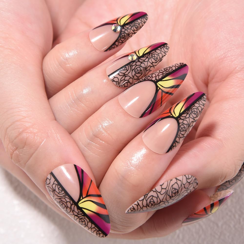 Nude Press on Fake Nails Medium Almond with Black Rose Design, Press on Nails Rheinston Design Reusable Manicure for Women Girls, Perfect Fit Stick on Nail Press ons Glossy Finish, 24Pcs