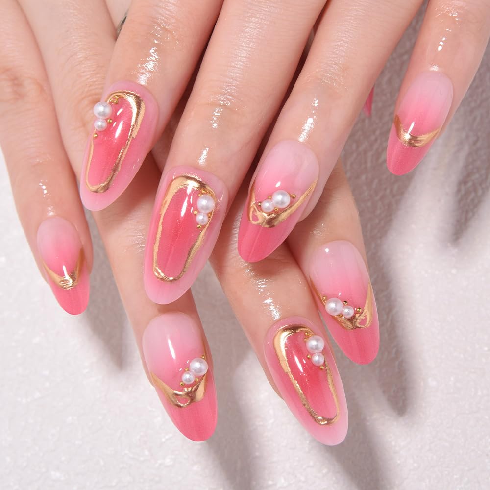 evpct Ombre Peach Pink Press on Nails Short Almond with 3D Pearl Gold Line, Pink French Tip Stick on Nail for Women, Reusable Full Cover Soft Press on Fake Nail with Ombre Design Perfectly Fit
