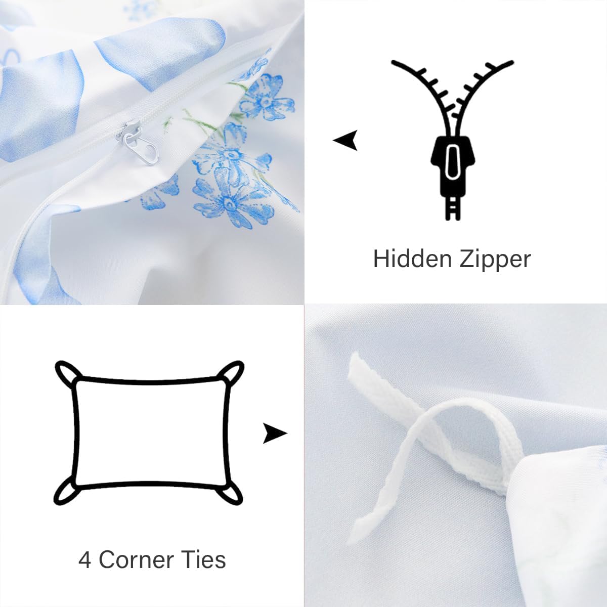 Sedefen Floral Duvet Cover Set Queen Size, 3 Pieces Blue Bow Bedding Set with Cute Heart Pattern, Romantic Spring Botanical Flower Soft Microfiber Duvet Cover for Kids Girls Bedroom & Princess Decor