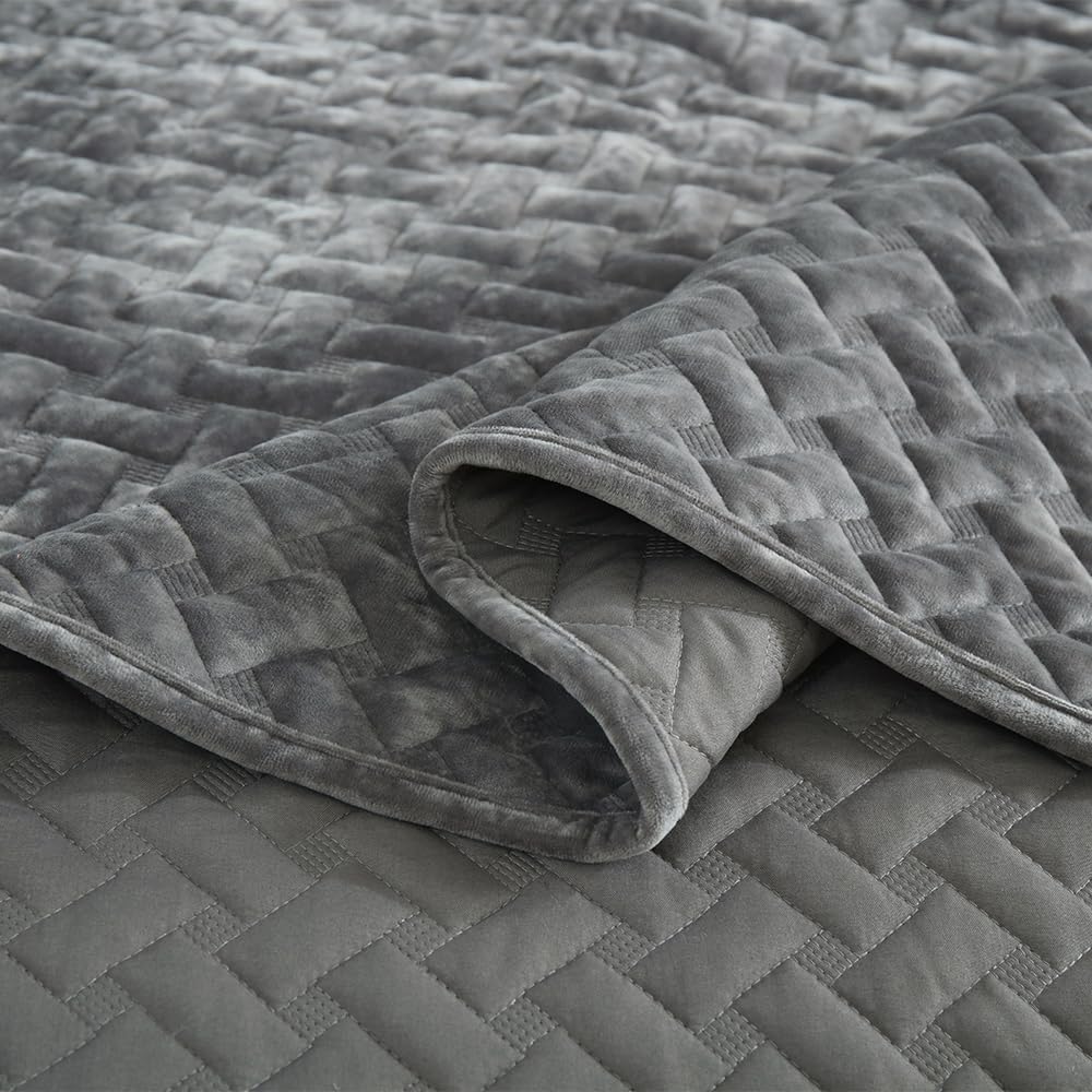 Liians Velvet Bedspread Quilt Bedding Sets,Luxury Elegant Ultra Soft Velvet Comforters Coverlet Blankets,Weave Stitching Pattern Cotton Quilted Bedspread for All Seasons,Grey,King Size