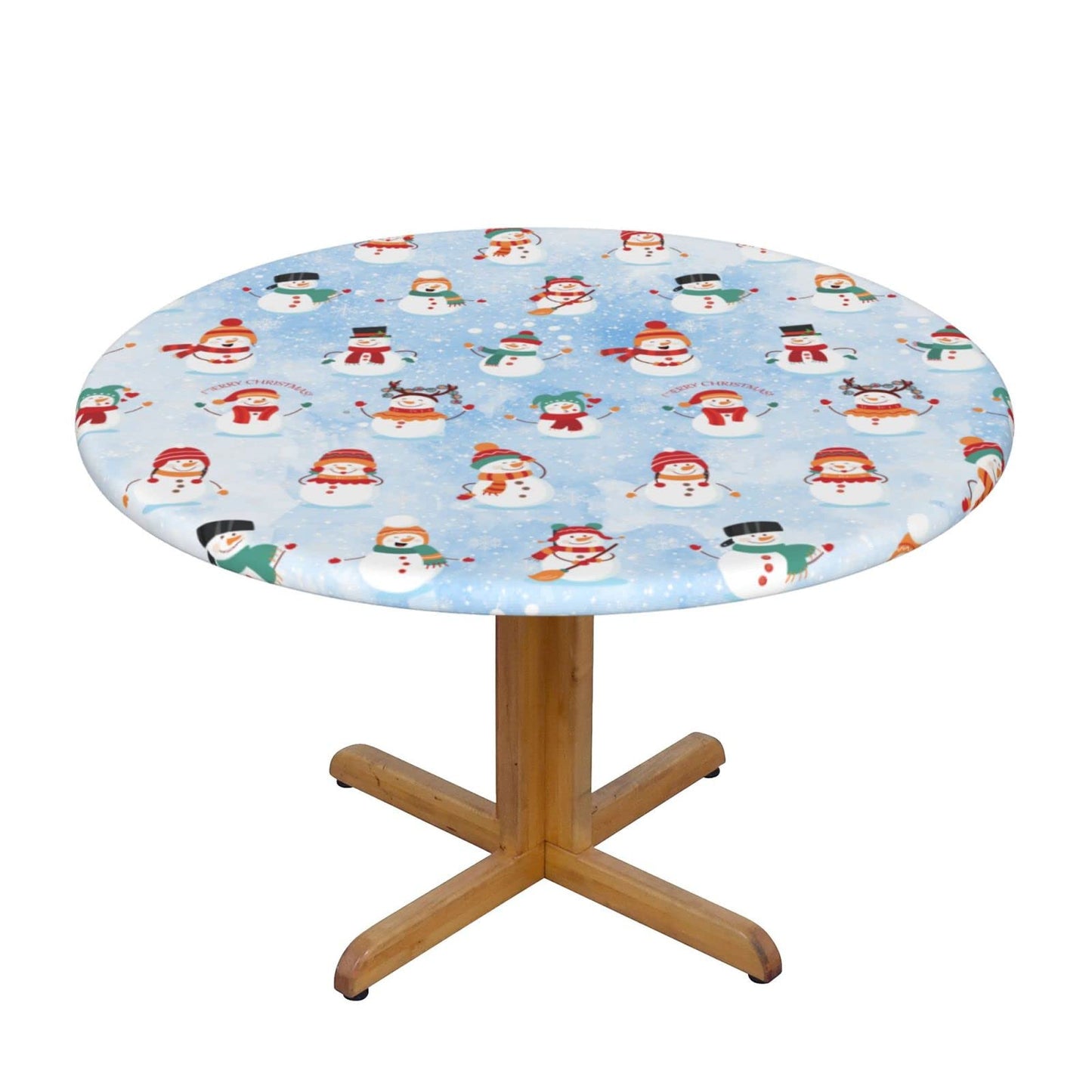 KUOAICY Christmas Snowman Winter Snow Blue Round Fitted Tablecloth with Elastic Edged Decorative Kitchen Dining Table Cloth Cover Fits 45-50" Round Table