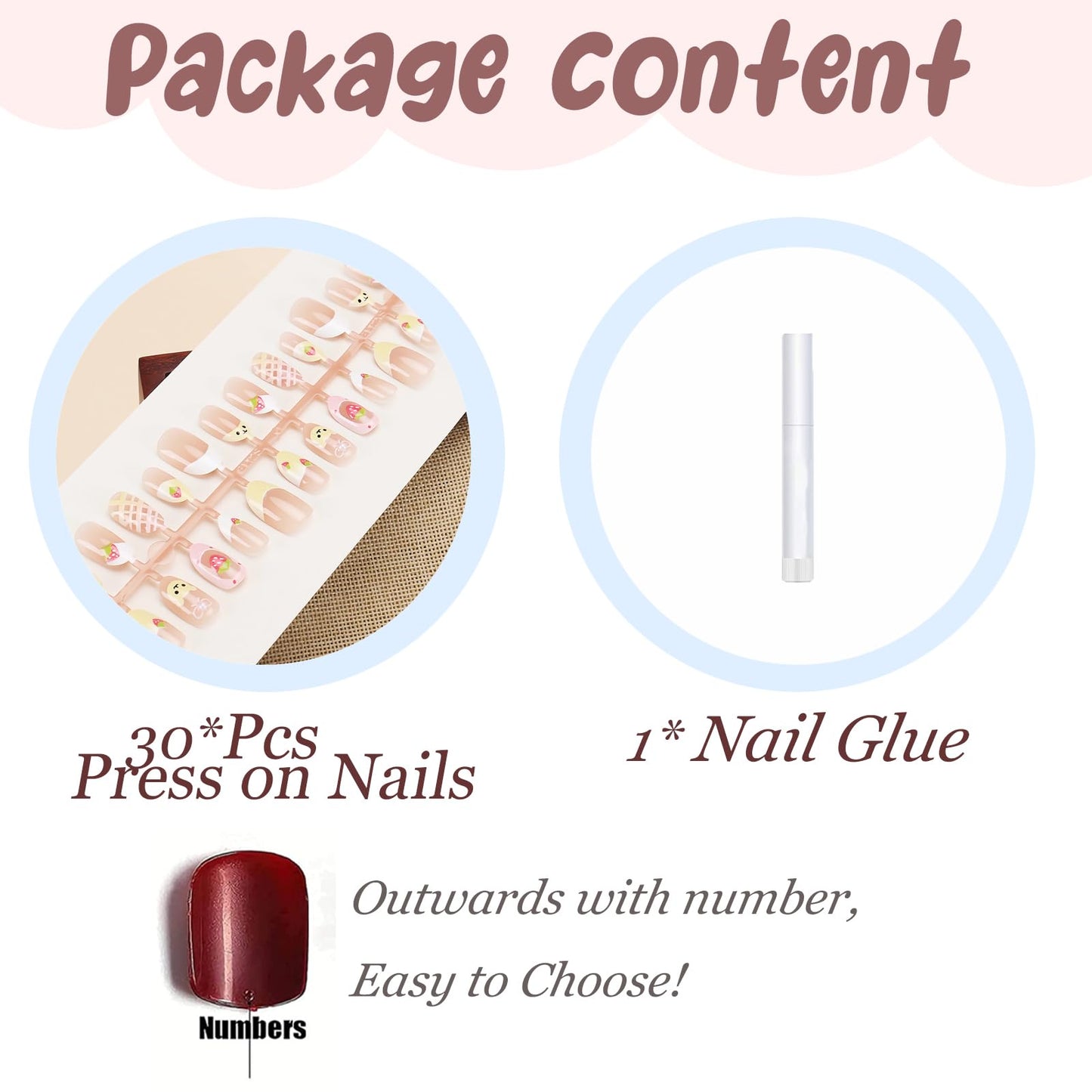 BABALAL Press on Nails Short Oval Fake Nails Yellow Pink Acrylic Glue on Cute Bear Strawberry False Nails 30Pcs Round Full Cover Stick on Nails for Women Girls Kids French Tip Kit