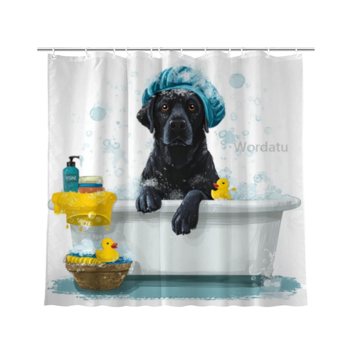 Wordatu Cute Black Labrador Dog Kids Shower Curtain for Bathroom Decor Funny Animal Child Lovely Farmhouse Pet Footprint Fabric Waterproof Polyester 12 Hooks 72x72 Inches