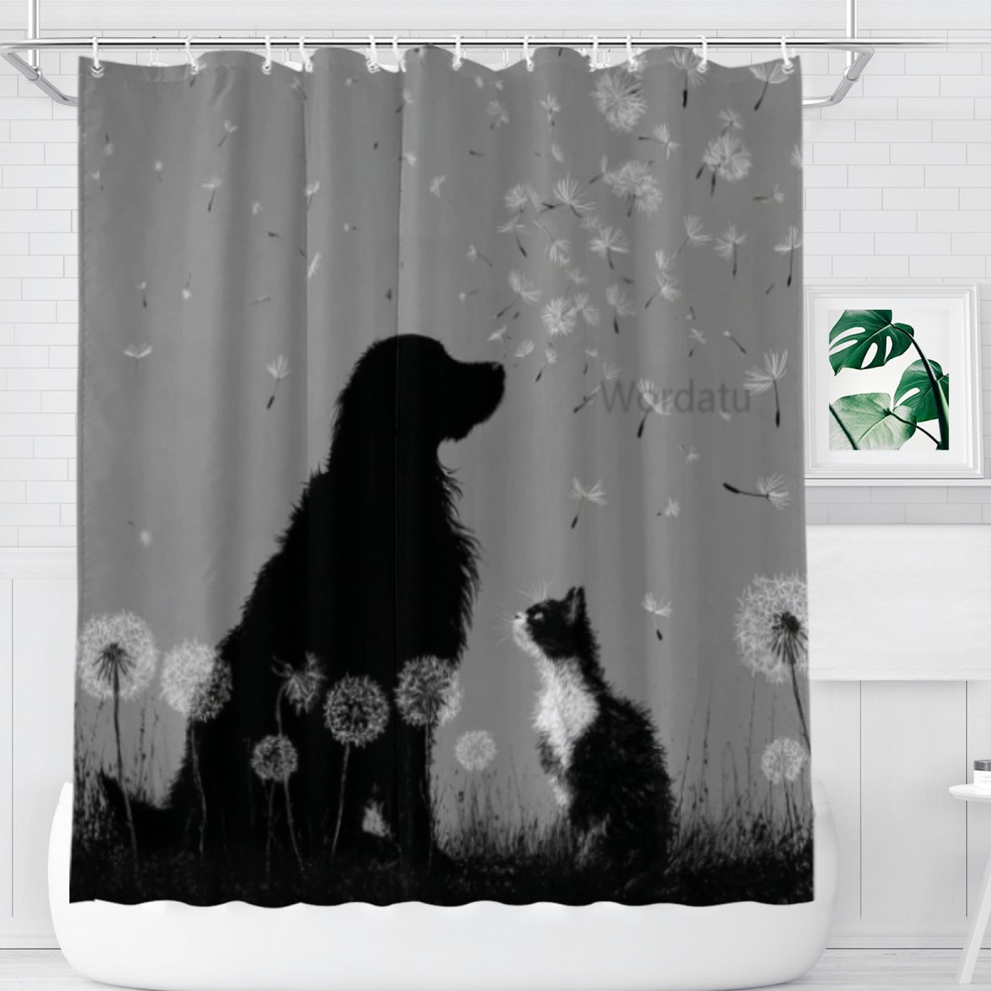 Wordatu Cat & Golden Retriever Bathtub Bath Curtain Dandelion Cute Pet Animal Bathroom Set Accessories for Kids Teens Adults Waterproof Shower Curtain 72x72 with 12 Hooks