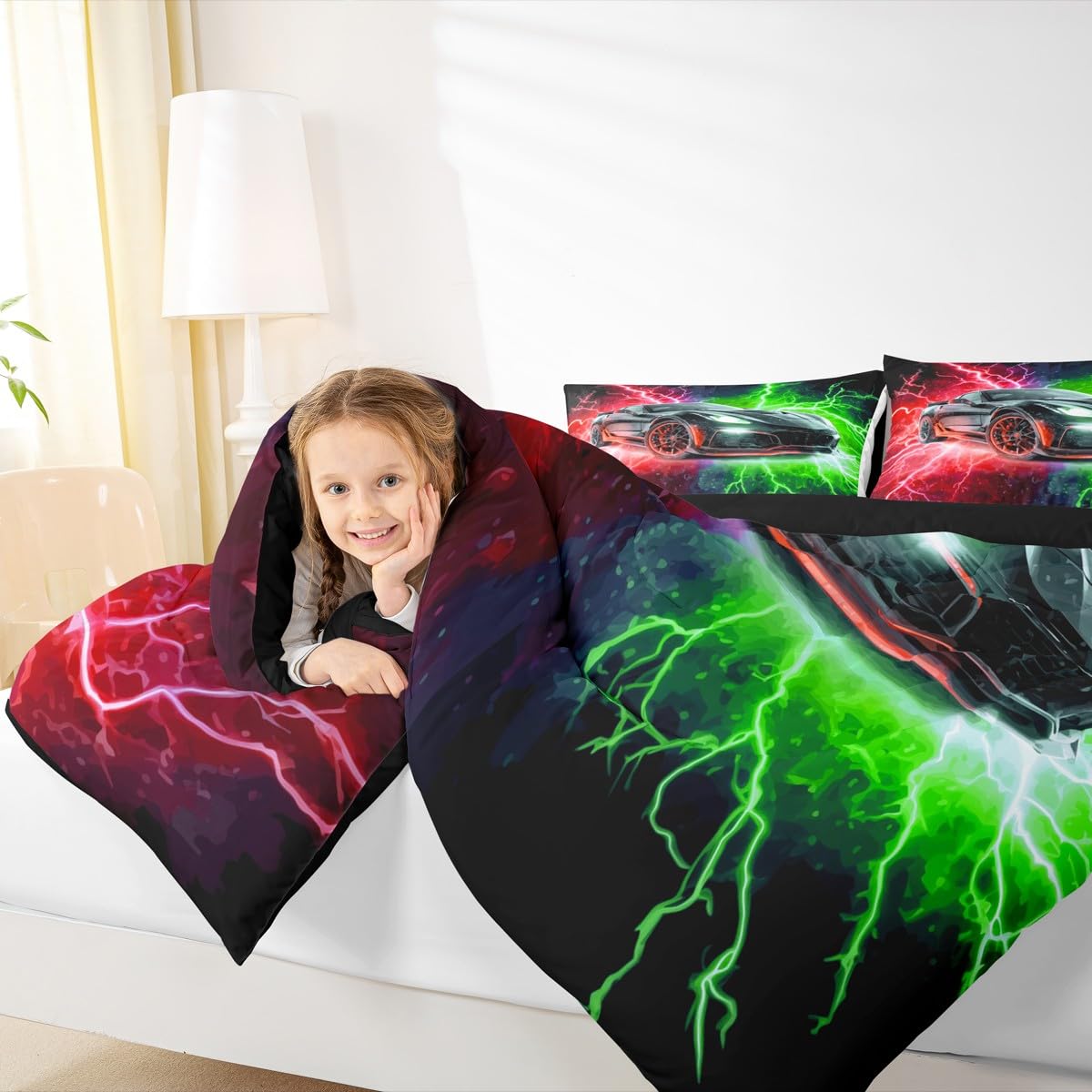 jejeloiu Racing Car Bedding Set Soft for Boys Girls, Race Car Comforter Set Twin Size Extreme Sports Duvet Quilt Microfiber Red Green Bedroom Decor 2 Pcs with 1 Pillow Cases