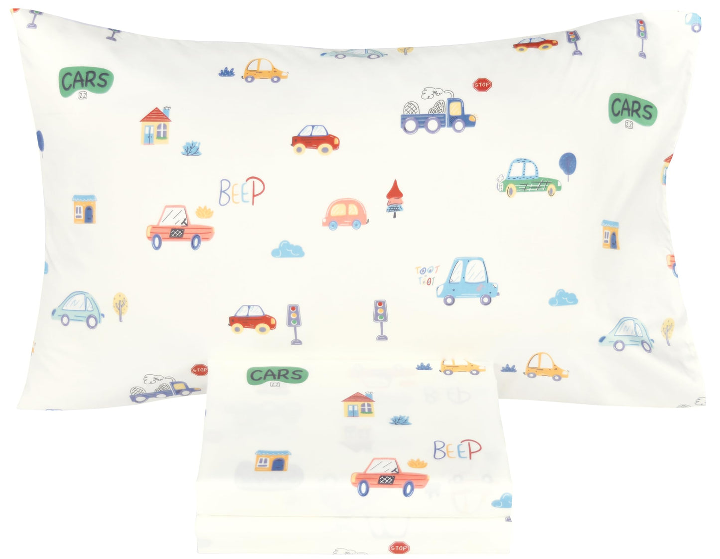 Scientific Sleep Family Vehicle Cars House Milky White Simple Gentle 3 Pcs Twin Bed Sheet Set 100% Cotton Flat Sheet & Fitted Sheet & Pillowcase Natural Bedding Set Kids Boys Girls (Motorcar, Twin)