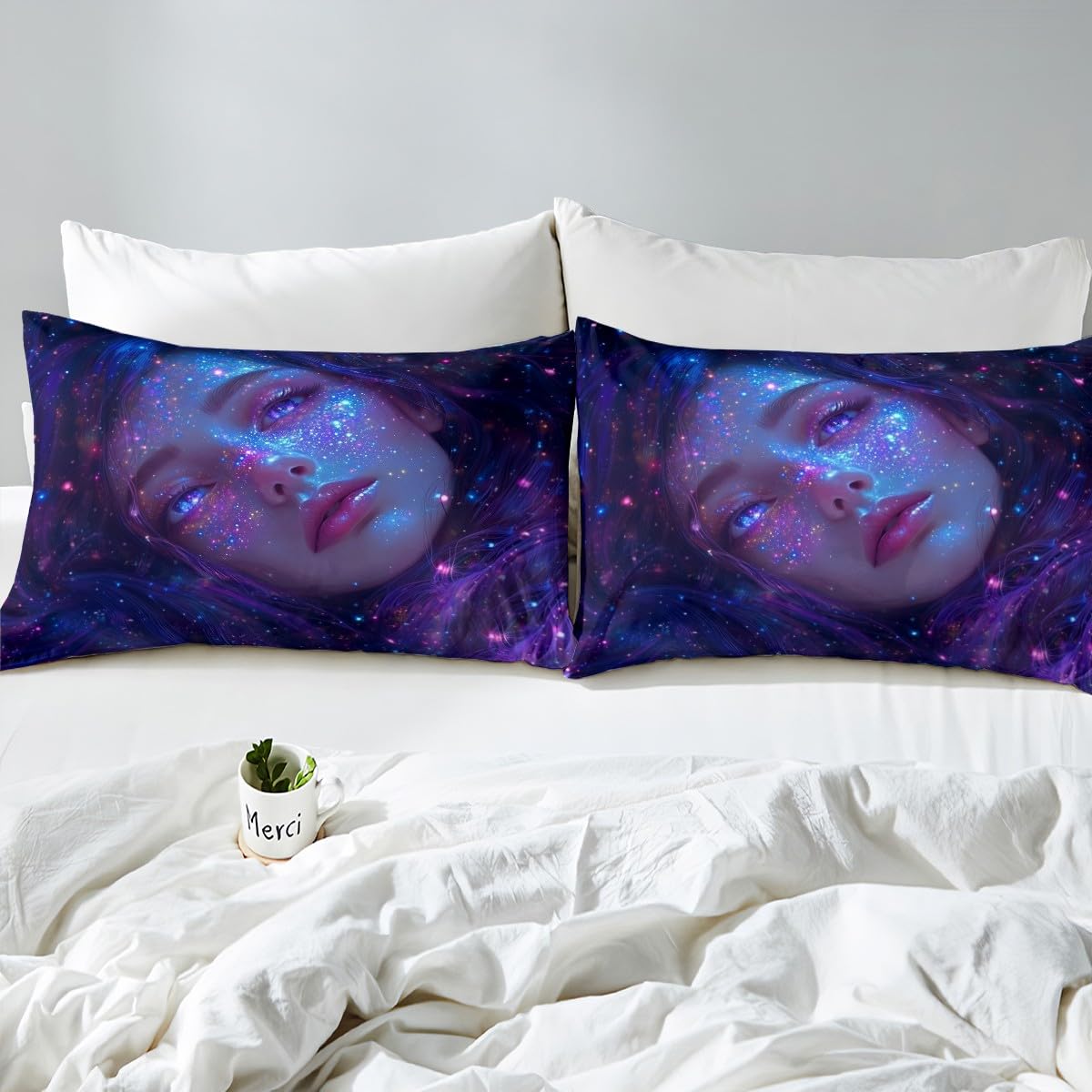 Erosebridal Anime Girl Bed Sheets Queen Size Galaxy Star Girls Fitted Sheet, Modern Fantasy Dreamy Girly Bed Set for Men Women Japanese Girl 3D Sheets 3 Pieces (No Flat Sheet)