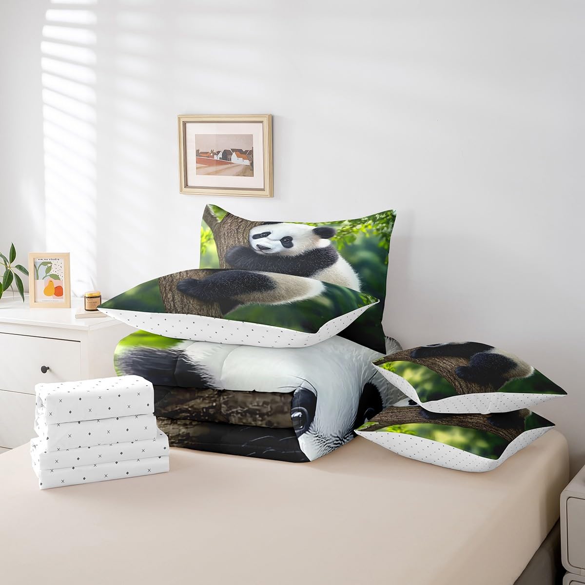 Feelyou Cute Panda Comforter Set 7 Pieces Full Size Kawaii Bear Bedding Set for Boys Girls Nature Bed in a Bag with Comforter, Sheets, Pillowcases & Cushion Covers