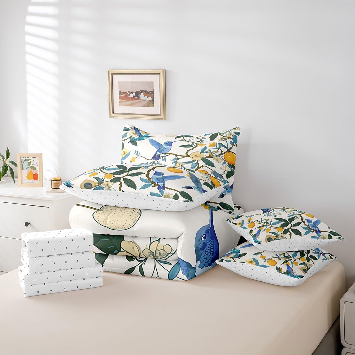 Erosebridal Lemon Tree Branches Bedding Set for Kids Teens,Hummingbirds Comforter Set King Size,Oil Painting Fruit (Comforter+Fitted+Flat Sheet+2 Pillowcases+2 Throw Pillow Covers) 7 Pieces Bed Set