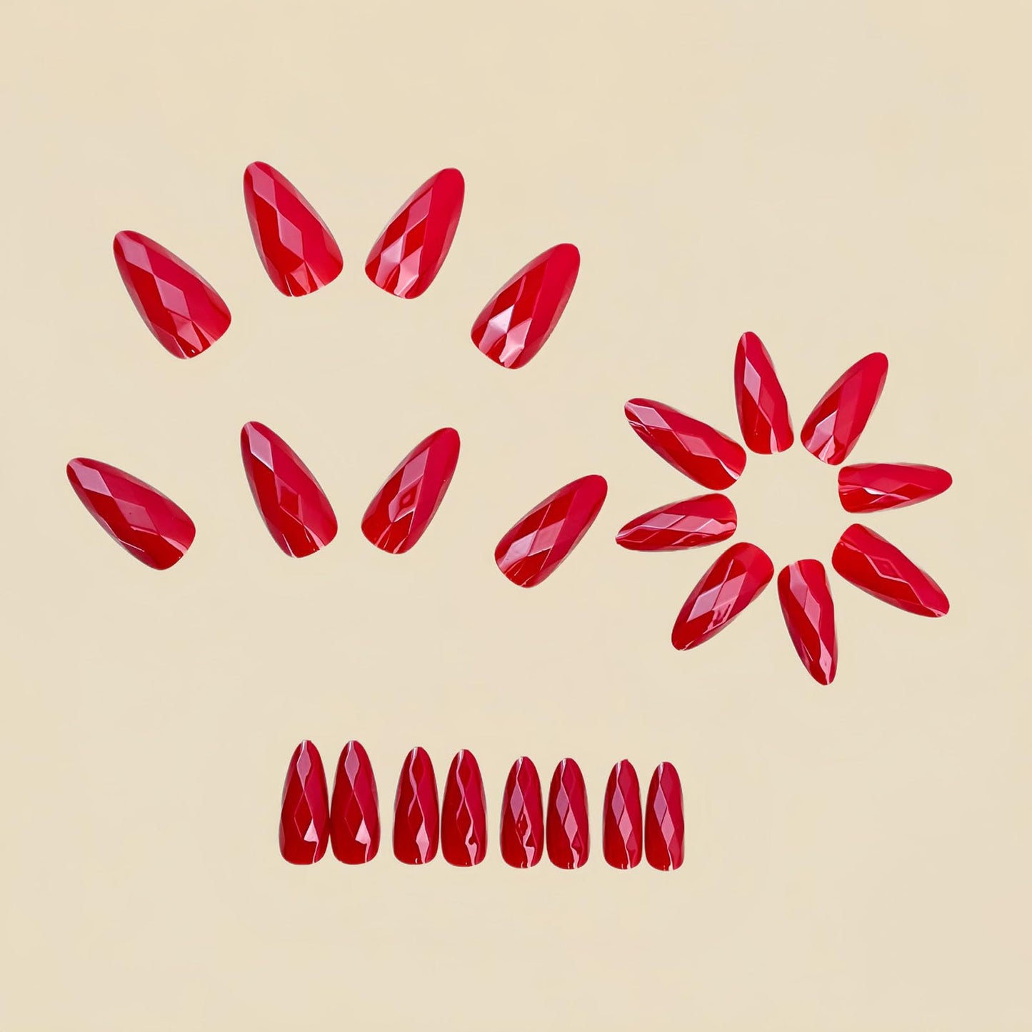 RUOKEXIN Almond Press on Nails Medium Length Fake Nails Red Chrome False Nails with 3D Rhombus Designs Full Cover Nail Press ons Sparkly Artificial Nails for Women 24Pcs