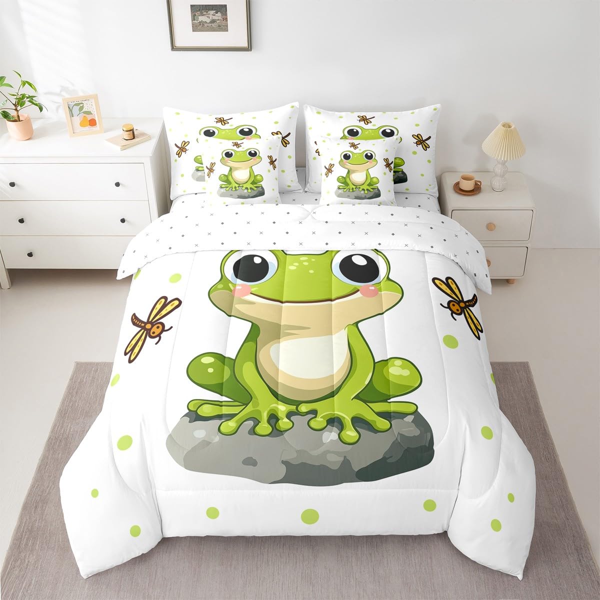 Erosebridal Kids Cartoon Frog 7 Piece Bedding Set Full Dragonfly Comforter Set with Sheets Reptile Animal Bed in A Bag Gray Stone Pattern Bed Sets