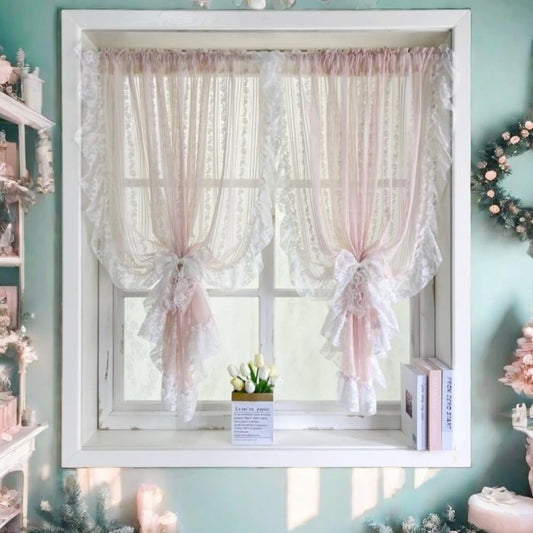 NewWPKIRA Floral Embroidery Sheer Lace Curtain with Ruffle Trim Romantic Gauze Curtains for Girl's Bedroom Living Room Rod Pocket Top 2 Panels (Pink,W59 x L47 inches)