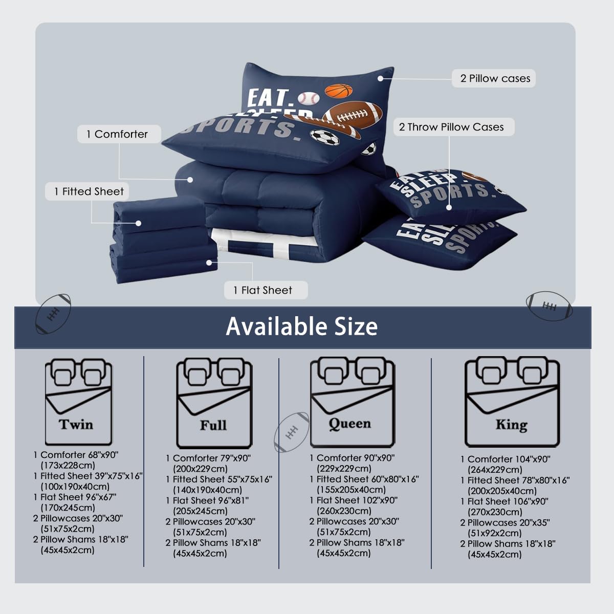Feelyou Sports Comforter Set 7 Pieces Twin Size Boys Bedding Set Kids Football Basketball Baseball Soccer Bed in A Bag with Sheets, Pillow Covers, Pillowcases, Navy Blue Sports Game Comforter