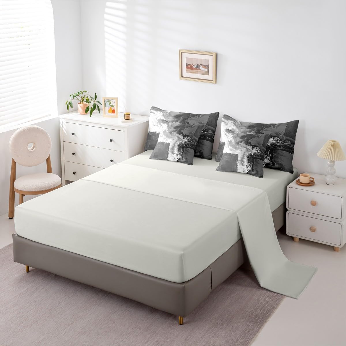 Feelyou Abstract Comforter Set with Sheets 7 Piece King Size Modern Abstract Art Bedding Set for Kids Boys Girls Luxury Bed in a Bag Geometric Room Decor Balck Gray Soft Lightweight Microfiber
