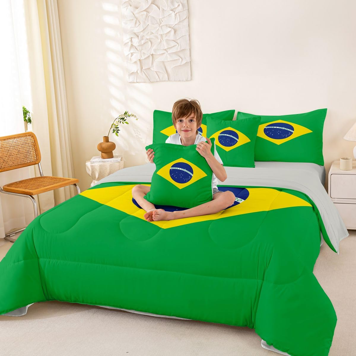 Feelyou Brazil Comforter Set King Size 7 Pieces Brazilian Flag Bedding Set for Kids Boys Girls World Countries Bed in a Bag with Sheets Bedroom Decor All Season Quilted Breathable Soft Lightweight