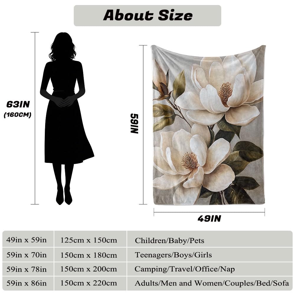 HUNXIAOJ Magnolia Blanket Flower Print Blanket Magnolia Floral Decor Warm Soft Flannel for Teens Adults Bed Sofa Couch (49in x 59in)