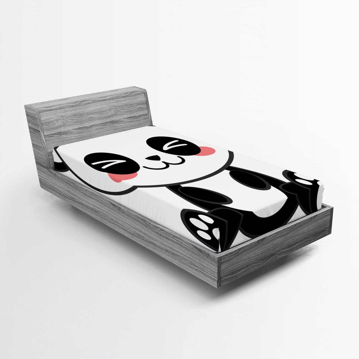 Ambesonne Anime Fitted Sheet, Cartoon Smiling Panda Fun Animal Theme Japanese Manga Teen Art Print, Bed Cover with All-Round Elastic Deep Pocket for Comfort, Twin Size, Black White Grey