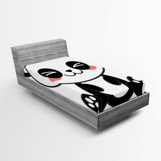 Ambesonne Anime Fitted Sheet, Cartoon Smiling Panda Fun Animal Theme Japanese Manga Teen Art Print, Bed Cover with All-Round Elastic Deep Pocket for Comfort, Twin Size, Black White Grey