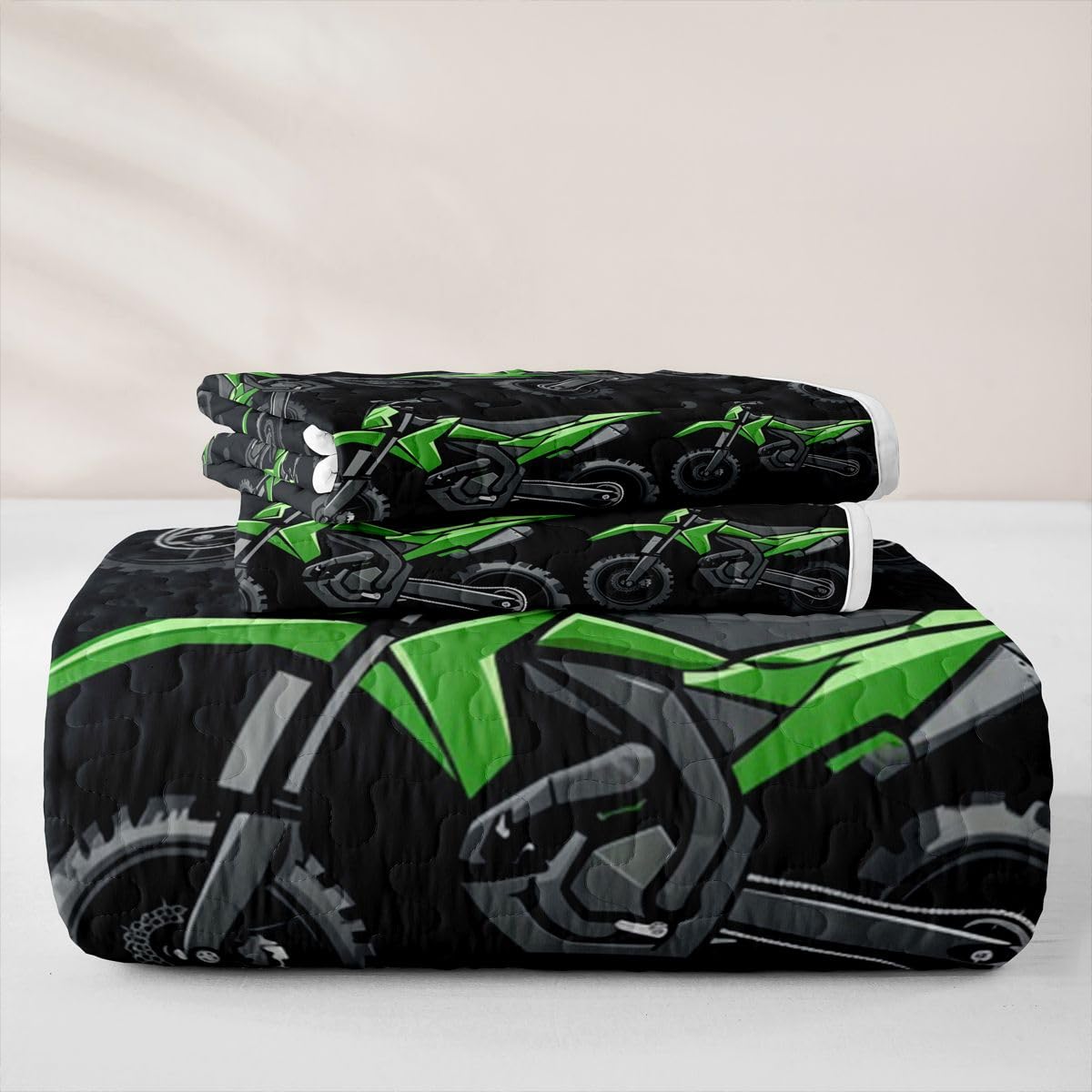 Erosebridal Green Motocross Quilt Set Dirt Bike Quilt Twin for Kids Boys Teens Men Racing Motocross Coverlet Cool Motorcycle Black Quilted Bedspread Bedroom Decor