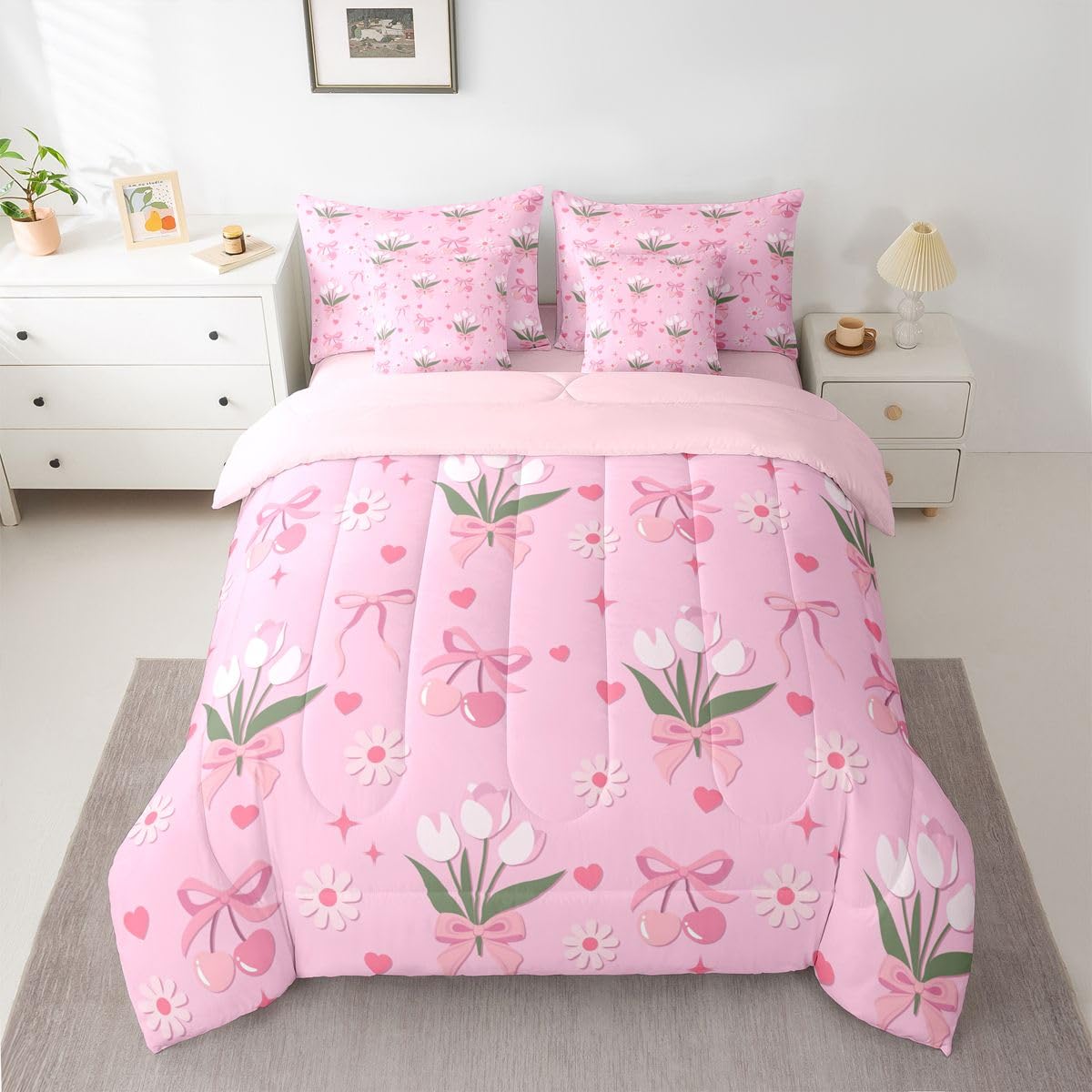 Erosebridal Daisy Floral Bow Girly Pink Full Comforter Set 7 Pieces | Bowknot Ribbon Bed in A Bag for Bedroom Flowers Love Hearts Bedding Set with Comforters Flowers Love Hearts Room Decor