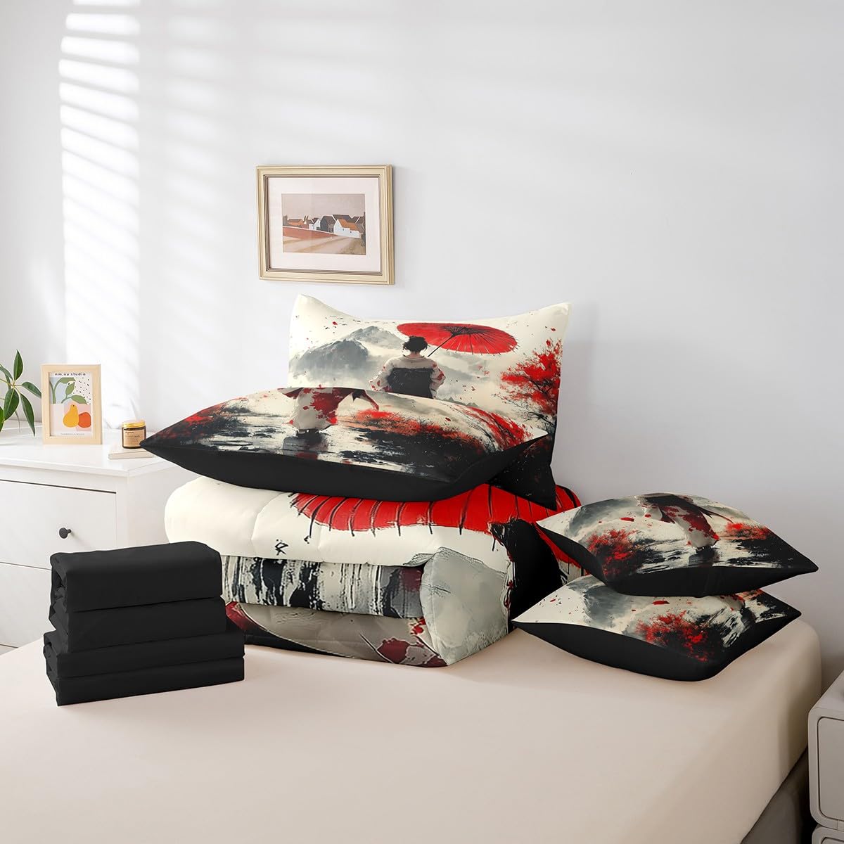 Erosebridal Aesthetic Japanese Comforter Set Twin,Japan Kimono Bedding Set 7Pcs for Girl Women Lady,Samurai Ukiyoe Quilt,Mount Fuji Bed in a Bag