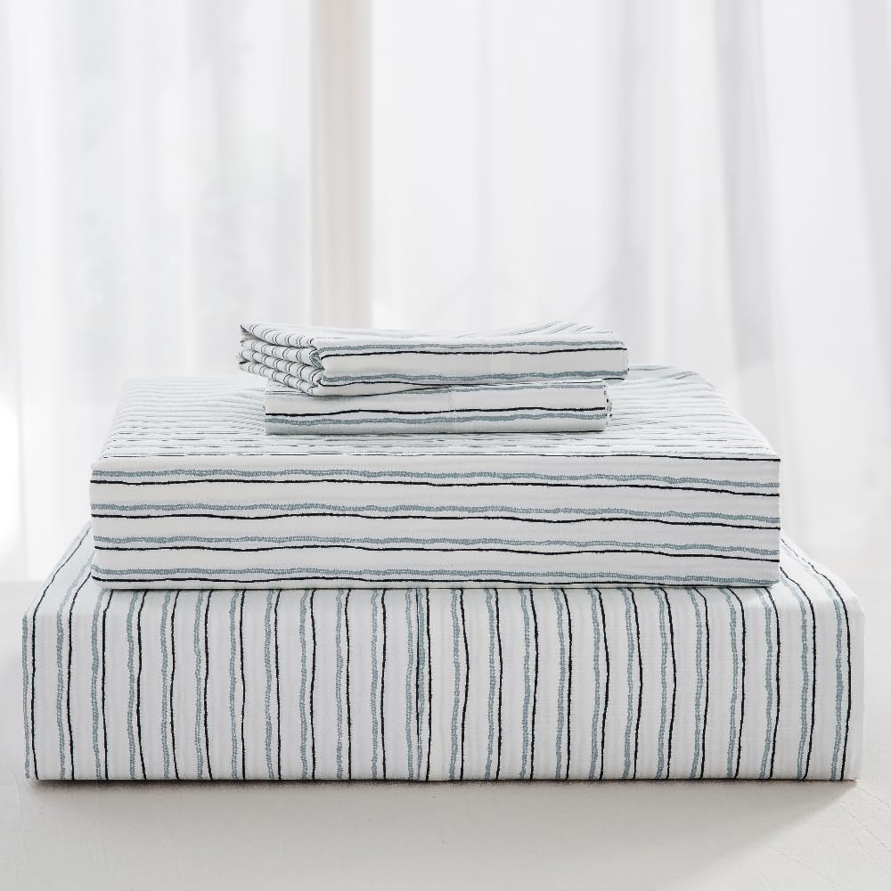 DAUAOTO King Size Cotton Bedding Printed Sheets Set, Up to 14" Deep Mattress, Hand Painted Striped Pattern Bedlinen Sets, Blue Stripe