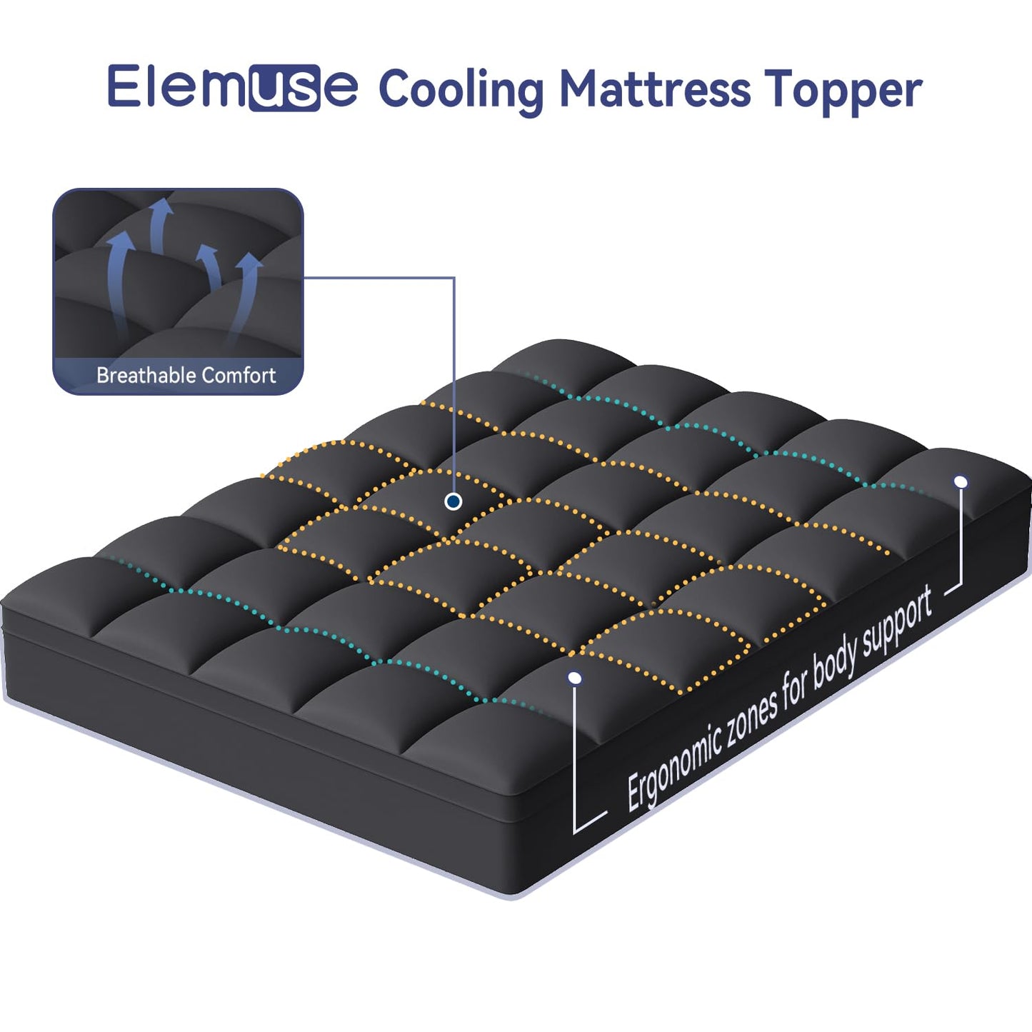 ELEMUSE Queen Black Mattress Topper for Back Pain, Extra Thick Mattress Pad Cover, Plush Soft Pillowtop with Elastic Deep Pocket, Overfilled Down Alternative Filling