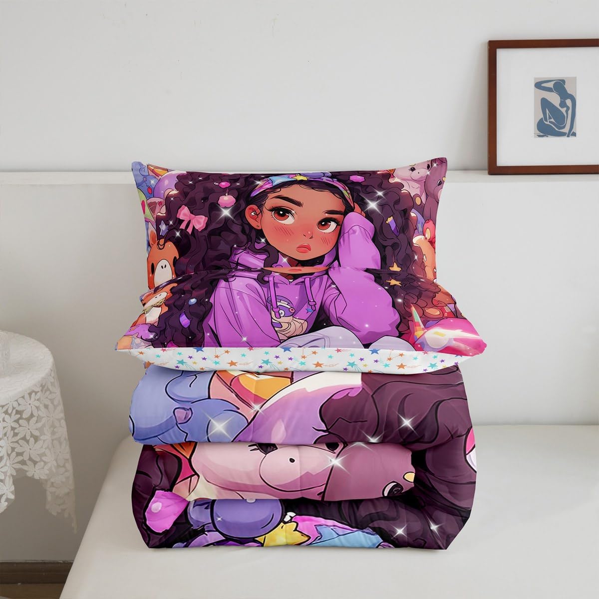 Erosebridal Black Girls Bedding Set Afro Girl Twin Comforter Set for Girls,American African Princess Magical Quilt for Toddler Kids Teenager,Kawaii Room Decor,Purple