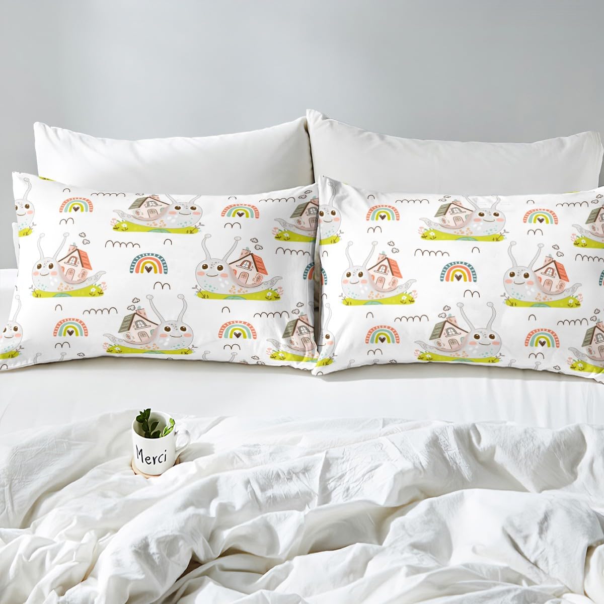 Homewish Cute Snail Bedding Set Twin Size Cartoon Rainbow Bed Sheet 3Pcs for Kids Girls Boys Teens Room Decor,Nature Spring Animals Fitted Sheet Pink Green Stripes Top Flat Sheet,1 Pillowcase