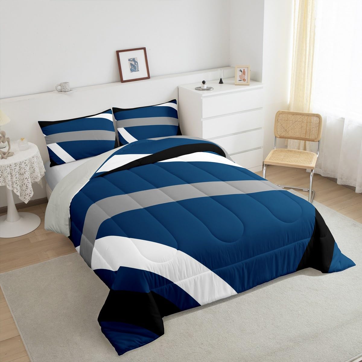 Erosebridal Blue Gray Black Striped Queen Comforter Set for Adult Women Men Modern Abstract Bedding Set Geometric Lines Bed Set Aesthetic Boho Quilt Set