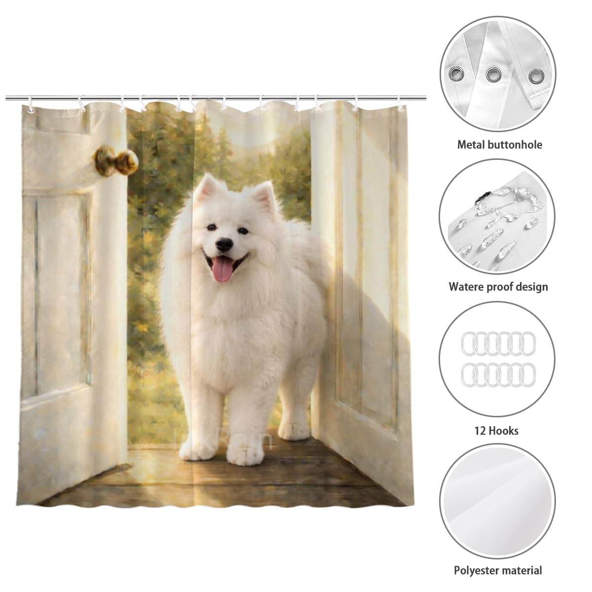 InkRain Samoyed Shower Curtain Rustic Doorway Forest Scenery Bathroom Decor Waterproof Polyester Fabric with 12 Hooks 72x72 Inch
