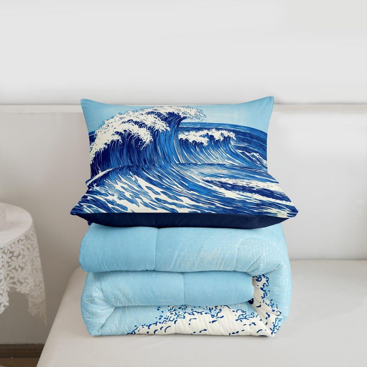 jejeloiu Wave Bedding Set Soft for Boys Girls, Ocean Wave Comforter Set Queen Size Japanese Style Duvet Quilt Microfiber Abstract Bedroom Decor 3 Pcs with 2 Pillow Cases