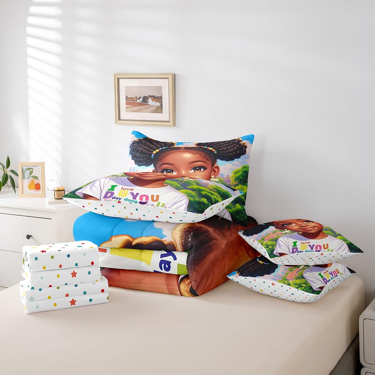 Twin Size 7 Pcs American Style Girl Bedding Set,Black Cute Girly Bed Sheet,African American Cartoon Reversible Printed Quilt Set+Flat Sheet+Fitted Sheet+2 Pillowcases+2 Throw Pillow Covers