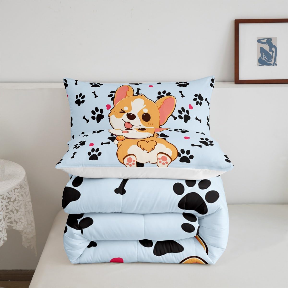 Castle Fairy Cute Corgi Comforter Set Twin Size,Cartoon Dog Footprint Bones Bedding 2pcs for Kids Boys Girls Room Decor,Smiling Doggy Quilt Family Paw Duvet Insert with 1 Pillowcase,Blue
