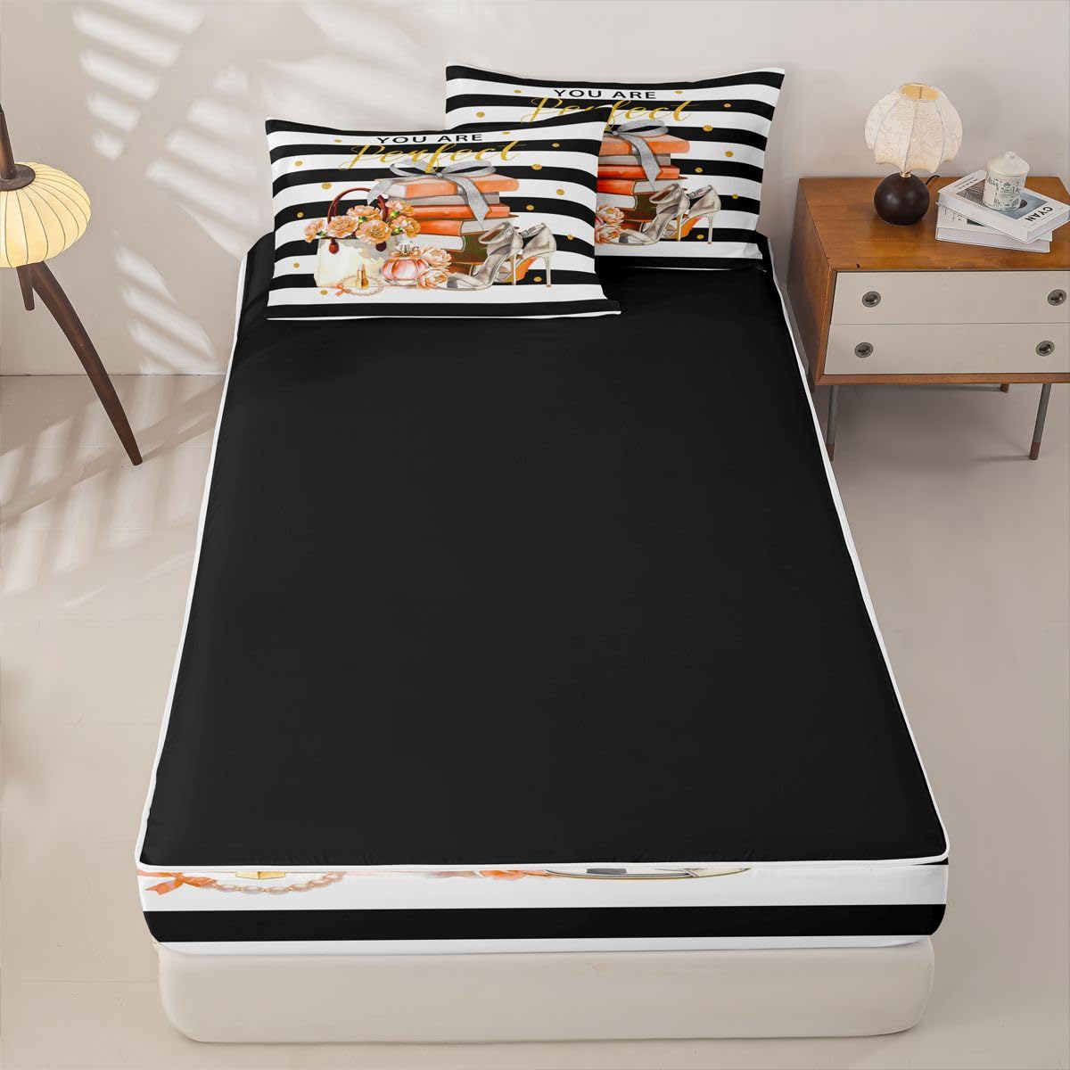 Feelyou Book Comforter Set Full Size Zipper Bedding Set for Girls Boys White Black Orange Comforter with Fitted Sheet, Pillowcases Perfume Zipper Bedding Soft Breathable Bed in a Bag
