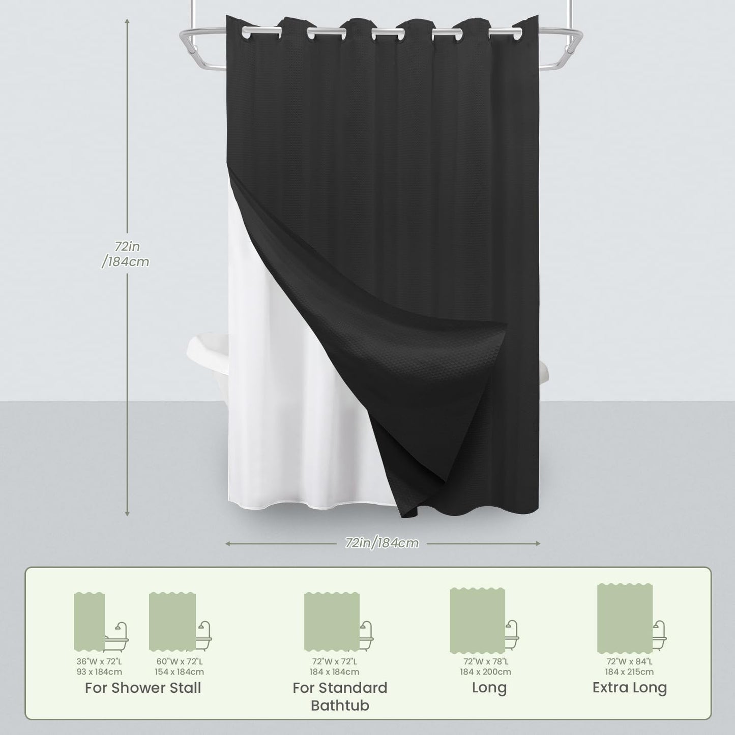 Inhousolu No Hook Shower Curtain with Removable Snap-in Liner, Waffle Weave 230 GSM Polyester, Weighted Hem, Water Repellent Washable, 72 x 72 Inch, Black
