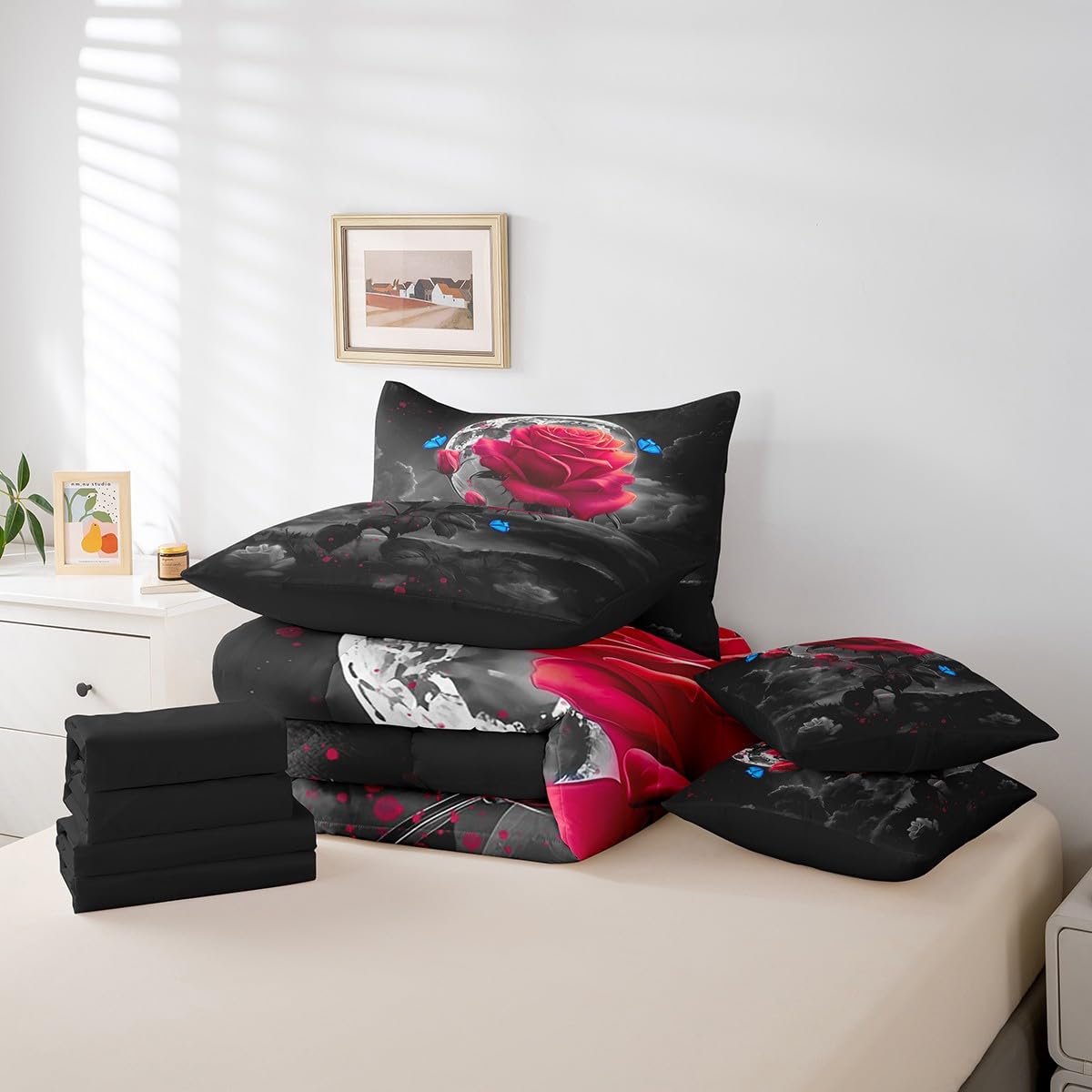 Feelyou Red Rose 7 Piece Bedding Set for Adult Couple Full Size Blue Butterfly Comforter Set with Sheets Boys Girls Flower Floral Bed in a Bag Moon Night Bed Set