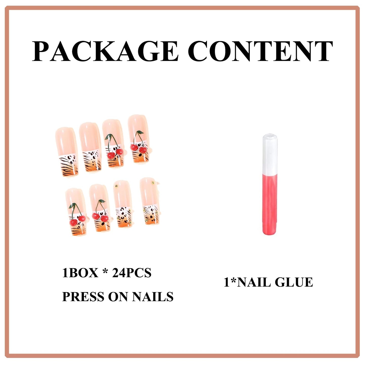 MERVF Press on Nails Long Square, White French Tip Fake Nails Leopard Print 3D Cherry Design Glue ons Orange Ombre Acrylic Nail Glossy 24pcs