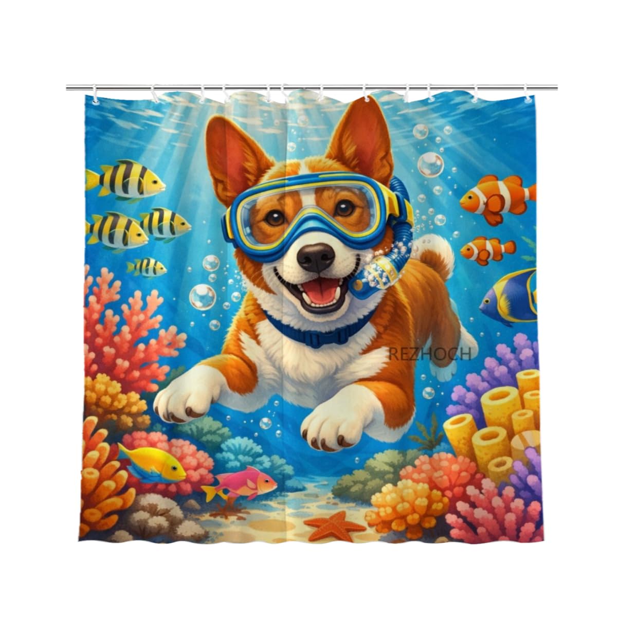 REZHOCH Kids Ocean Shower Curtain 72x72Inch Fun Basenji Snorkeling Underwater Tropical Fish Coral Reef Home Bathroom Decor,Boy Girl Cartoon Animal Coastal Bath Set with Hooks