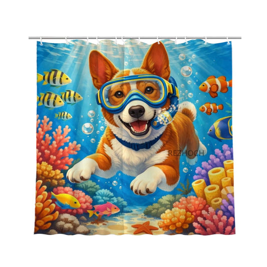 REZHOCH Kids Ocean Shower Curtain 72x72Inch Fun Basenji Snorkeling Underwater Tropical Fish Coral Reef Home Bathroom Decor,Boy Girl Cartoon Animal Coastal Bath Set with Hooks