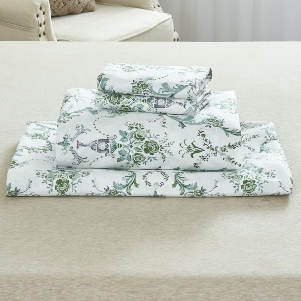 DAUAOTO 100% Cotton Bedding Printed Sheets Set for King Size Bed Up to 14" Deep Mattress, Botanical Vines Pattern Bedlinen Sets, Green