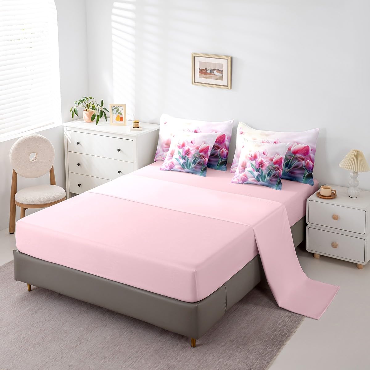 Feelyou Kids Floral Flower 7 Pieces Bedding Set Queen Size, Valentine's Day Bed in A Bag Romantic Comforter Set with Sheets Boys Girls Butterfly Teens Bed Set Bedroom Decor 7Pcs