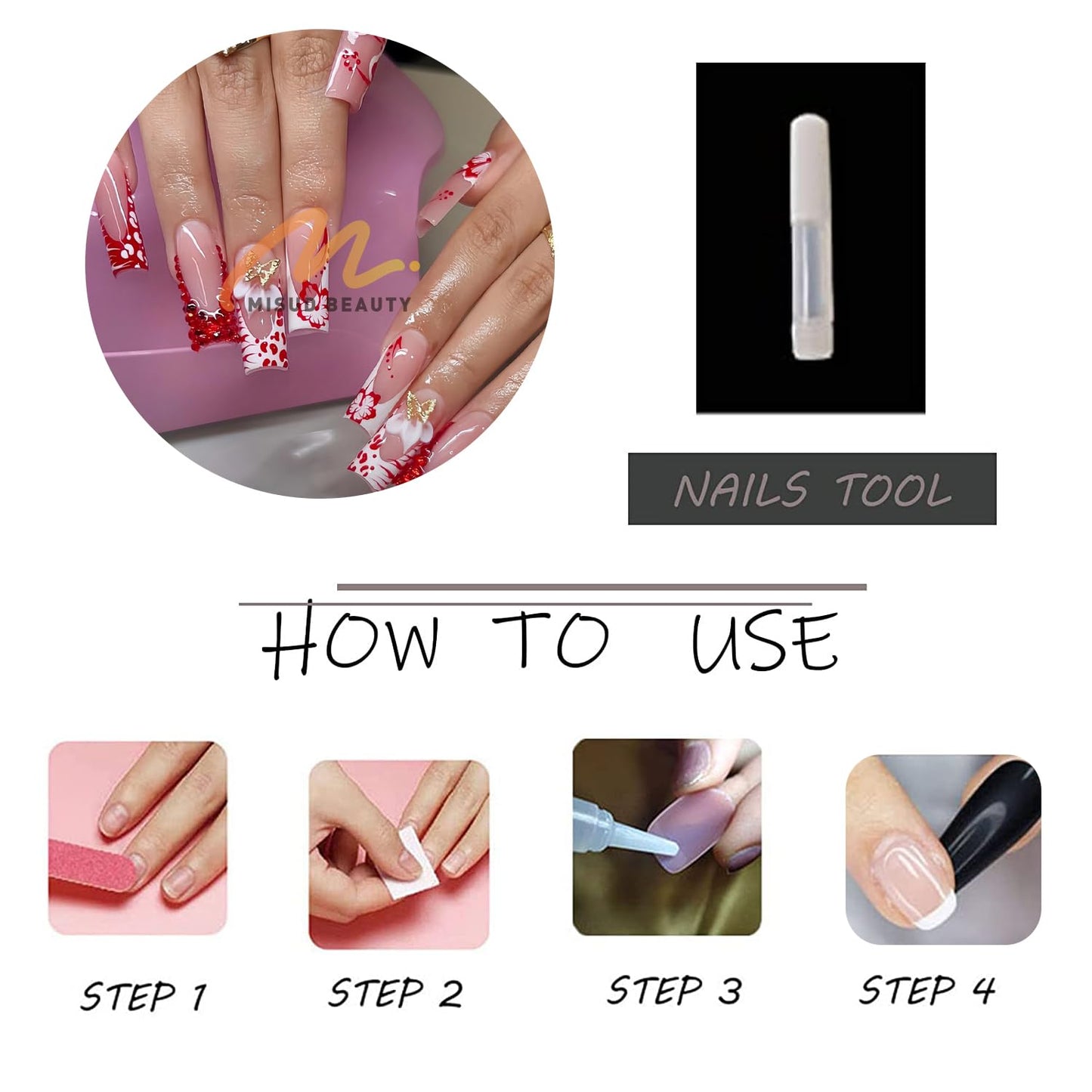 MISUD Press on Nails - Long Square Fake Nails with Red White French Tip, Acrylic Flower Butterfly Rhinestone Design 24 pcs