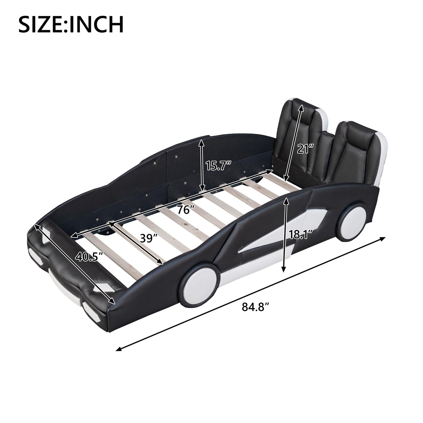 Twin Size Race Car-Shaped Platform Bed with Wheels, Black