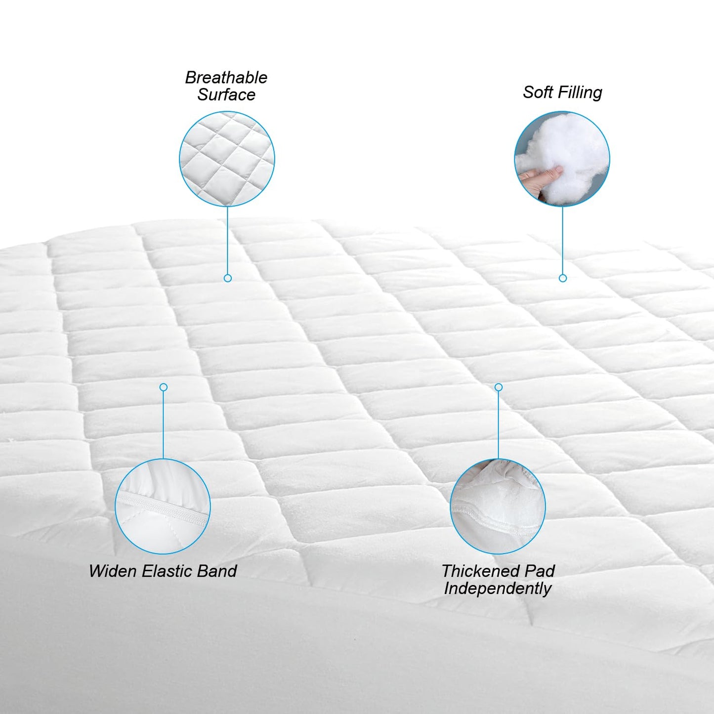 EIUE Quilted Mattress Pad - Lightweight Yet Substantial, Elastic Fitted Mattress Topper Protector, Breathable Mattress Protector with Secure Fit,Machine Washable,Queen(60x80inches),White