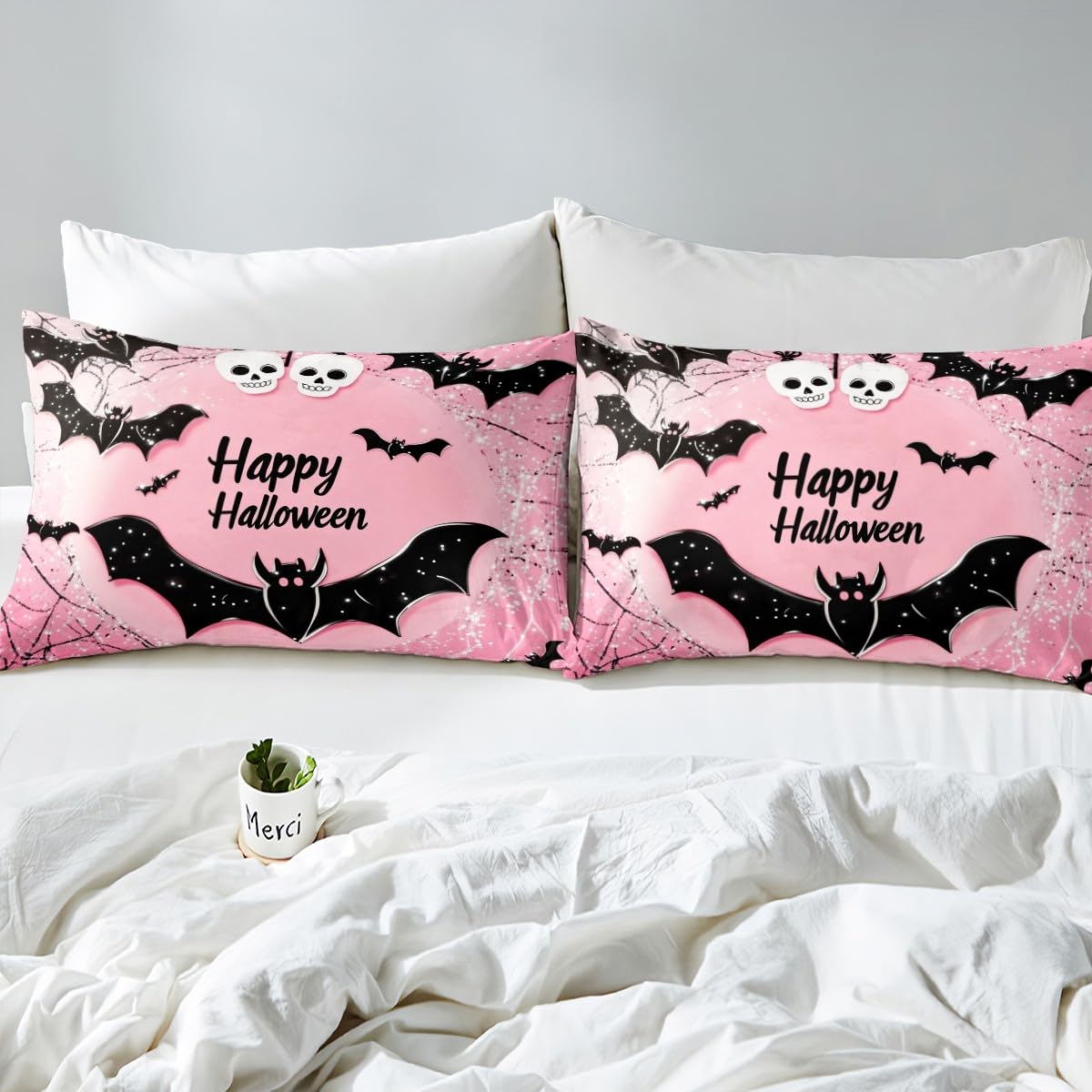 Feelyou Kids Happy Halloween Bed Sheets Set Full Size, Black Bat Bedding Set Boys Girls Pink Sheet Set Spider Web Teens Bedroom Decor Microfiber Soft Bed Set