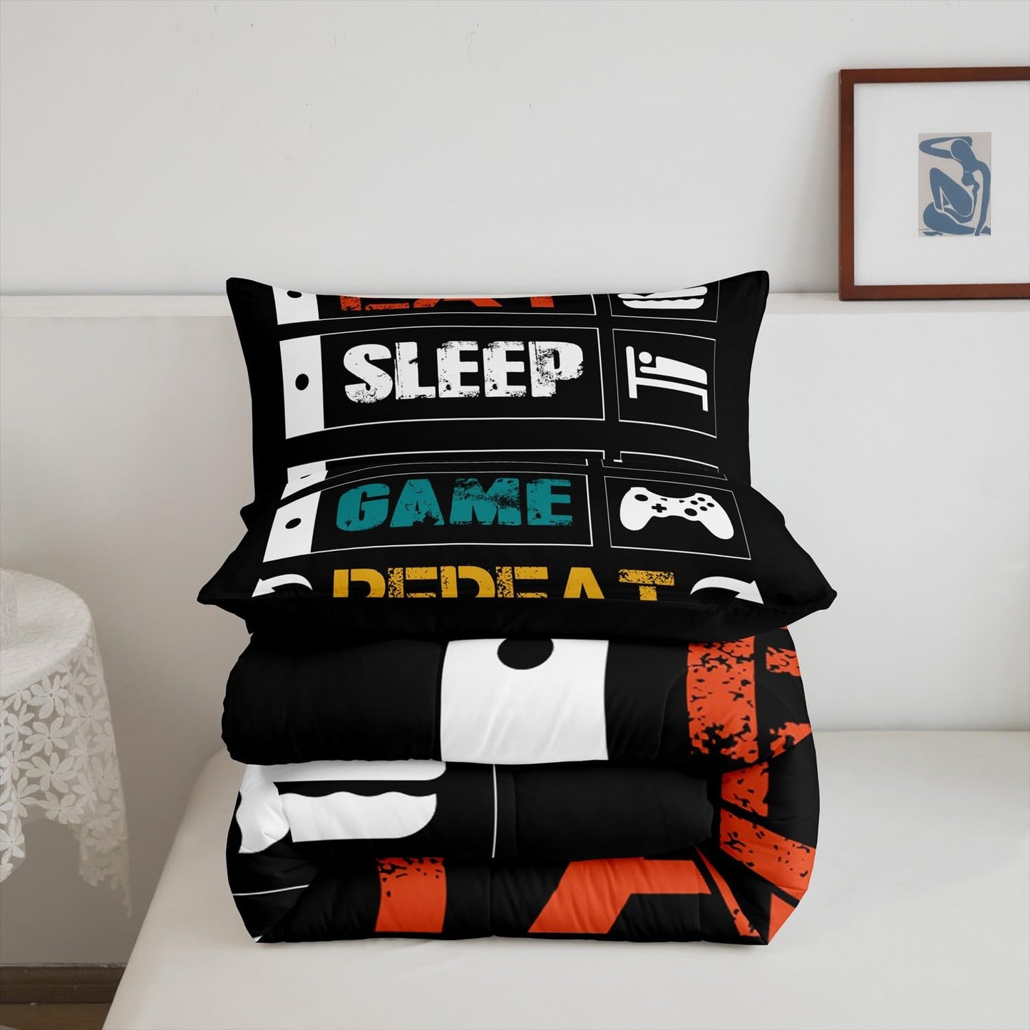 Boys Gaming Comforter Sets for Kids Twin Size Gamer Bedding Set Teens Video Games Comforter Duvet Room Decor Funny Creative Eat Sleep Game Repeat Design Reversible Inner Fill Quilt Set All Season