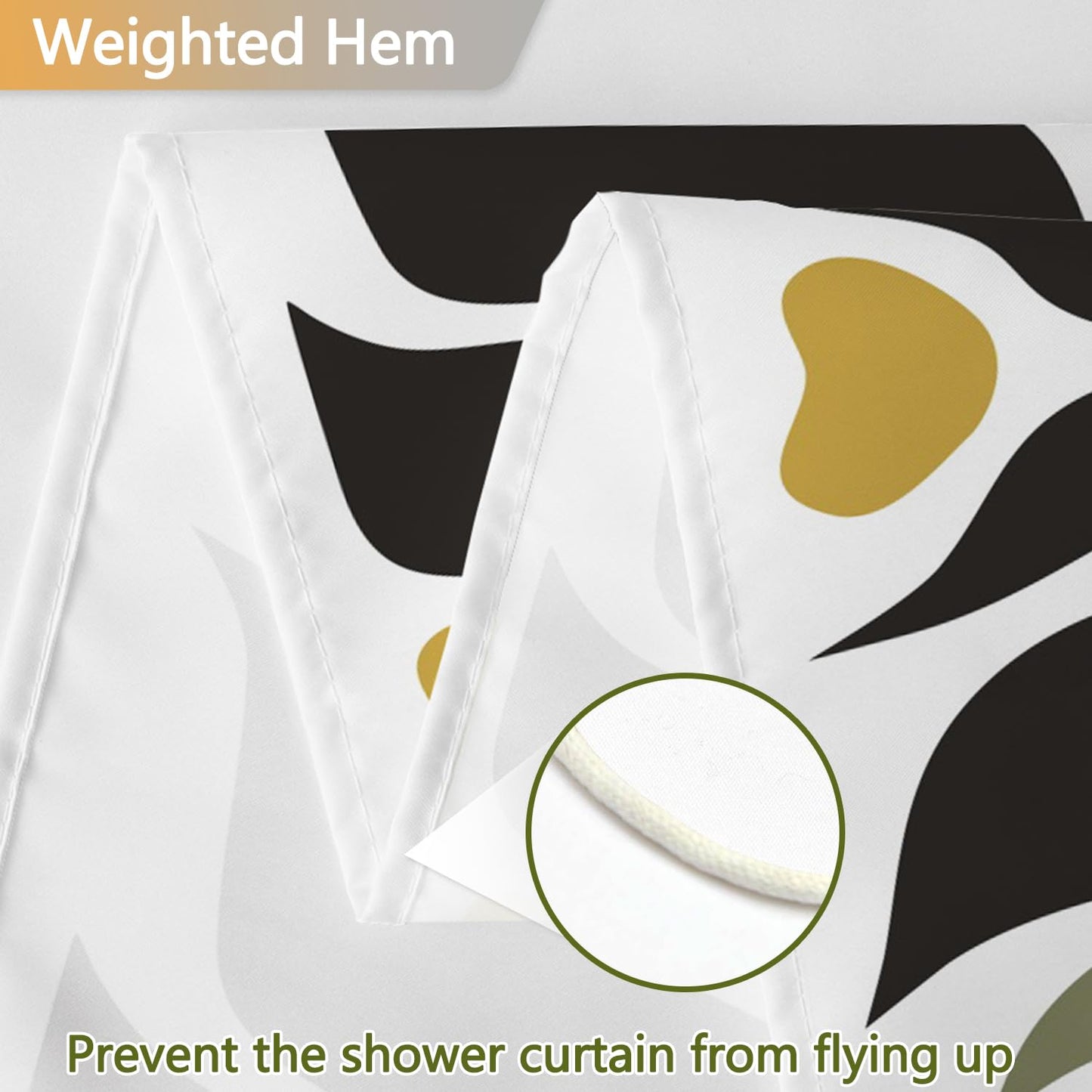 Olive Green and Black Abstract Leaf Shower Curtain, Modern Boho Plant Botanical Pattern Bathroom Curtains, Polyester Fabric Shower Curtain and Weighted Hem, Waterproof Washable with Hooks, 72x72 Inch